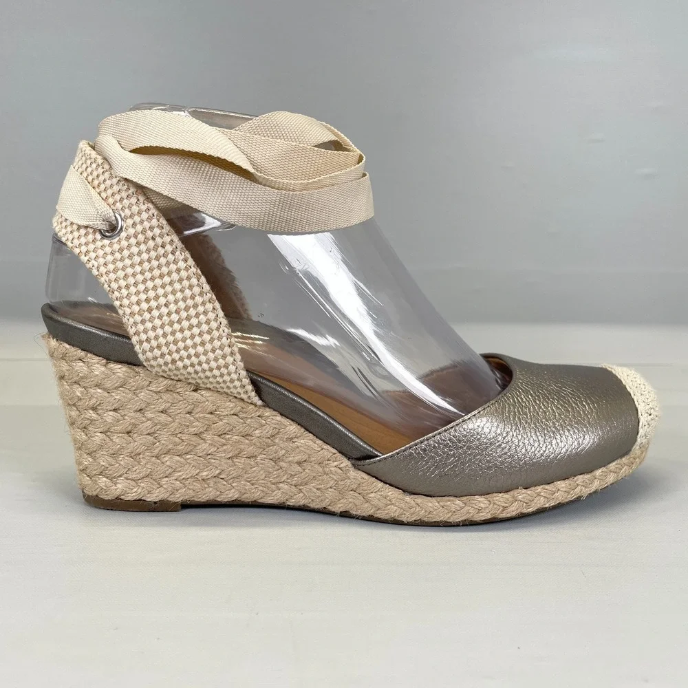 Vionic Maris Espadrille Wedge Sandals Womens Size 6.5 Wide Gray Leather Shoes